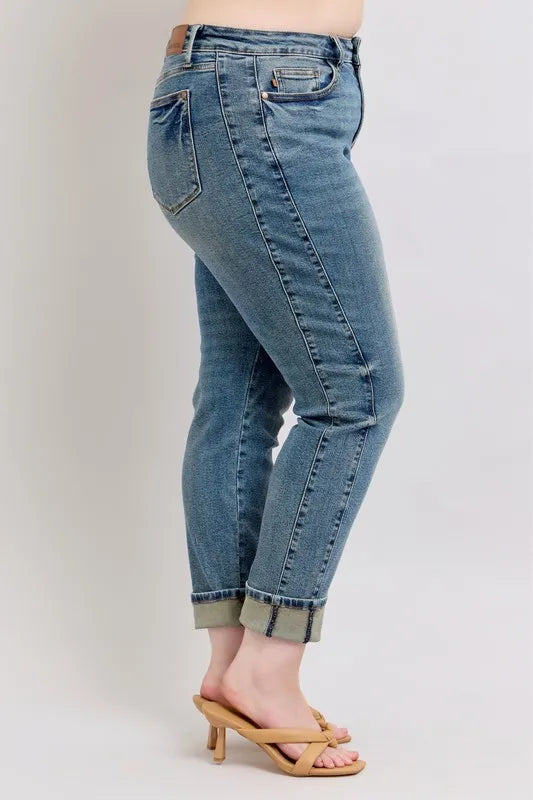 Judy Blue Full Size Mid Rise Vintage Wash Double Roll Cuff Boyfriend Jeans Plus Size Carauana Store