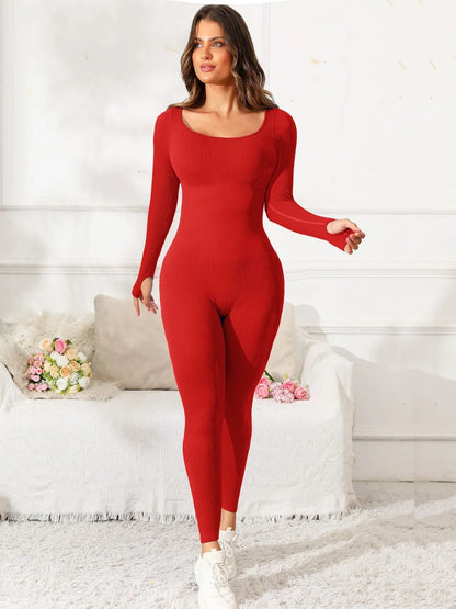 Scoop Neck Long Sleeve Active Jumpsuit Carauana Store
