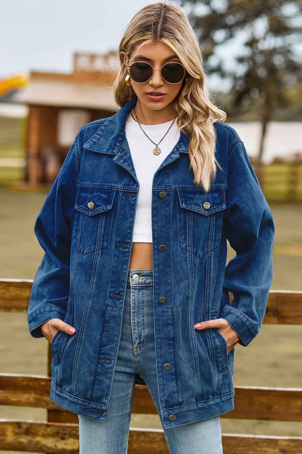 Buttoned Collared Neck Denim Jacket with Pockets - Carauana Store