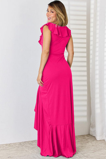 Ruffled V-Neck High-Low Dress Carauana Store