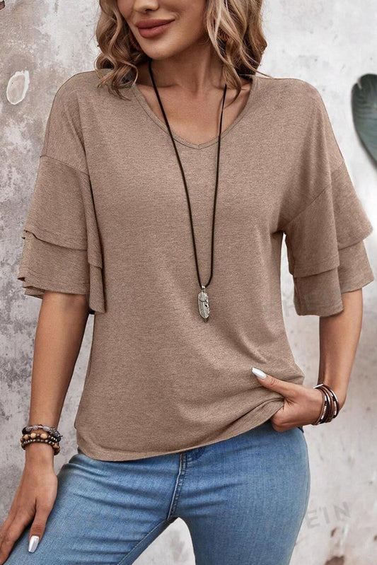 DUNE Solid Colour V-Neck Double Layer Sleeve Loose T-Shirt