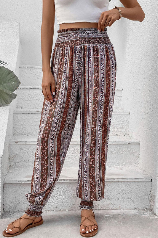 Smocked Printed High Waist Pants Carauana Store