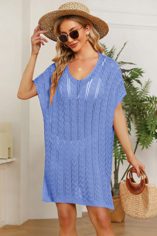 Double Take Openwork Short Sleeve Slit Knit Cover Up Carauana Store