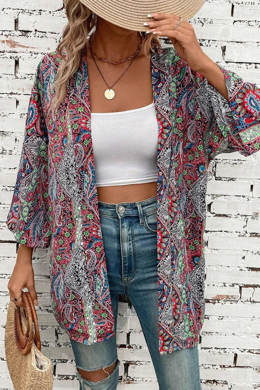 Printed Open Front Long Sleeve Cover Up Carauana Store