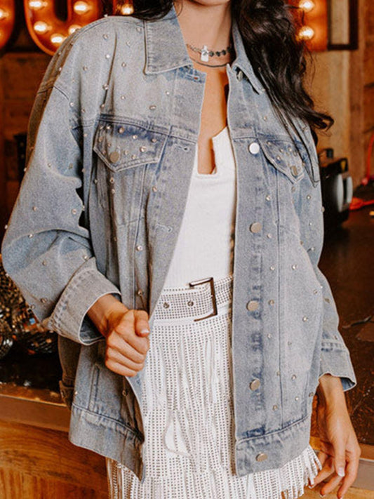 Rhinestone Detail Button Up Denim Jacket Carauana Store