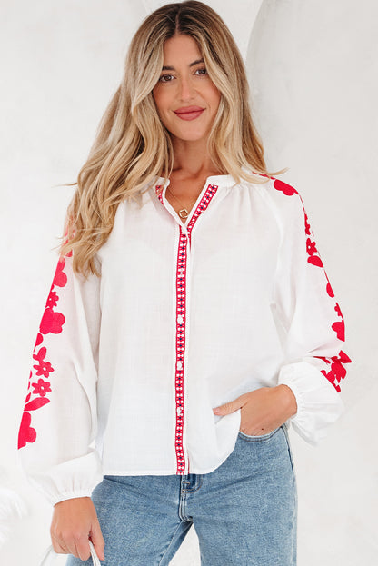 White Floral Embroidered Puff Long Sleeve Casual Shirt