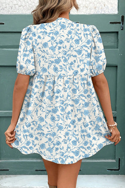 Sky Blue Floral Contrast Bow Puff Sleeve Mini Dress