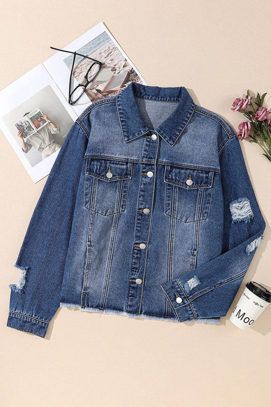 Plus Size Distressed Button Up Raw Hem Denim Jacket Carauana Store