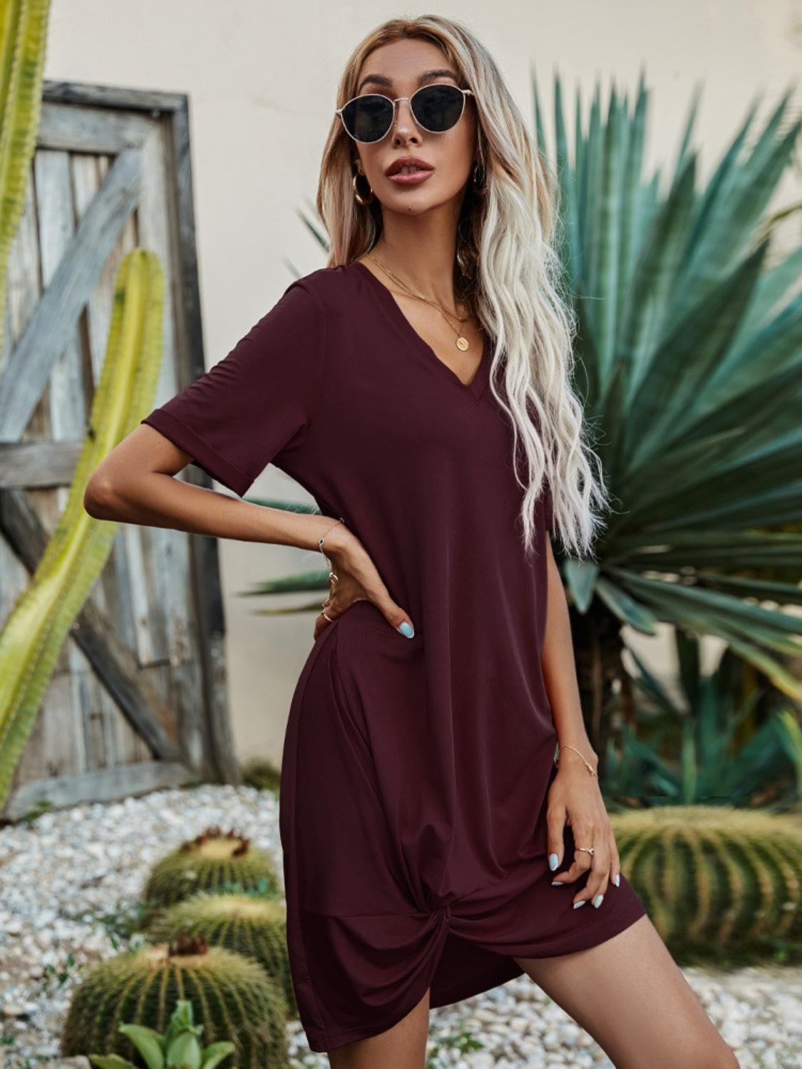 V-Neck Short Sleeve Mini Dress Carauana Store