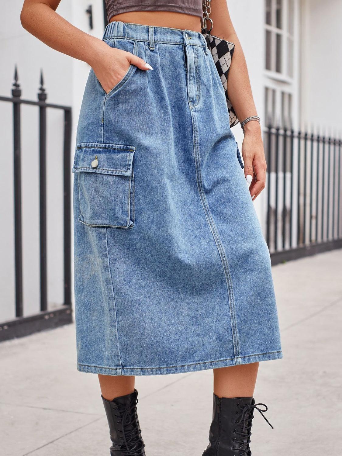 Slit Buttoned Denim Skirt with Pockets Carauana Store