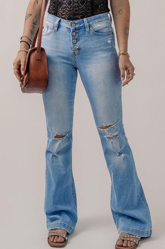 Button-Fly Distressed Flare Jeans Carauana Store