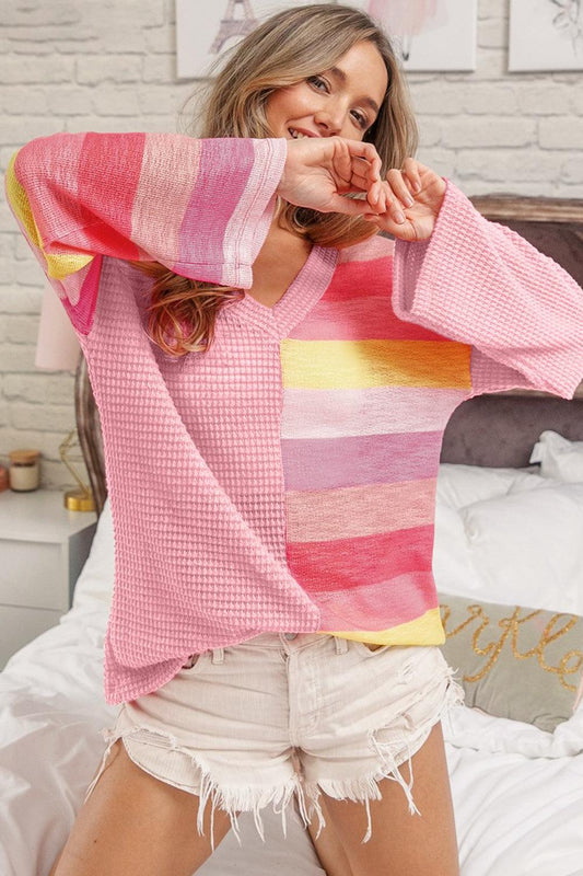 BiBi Striped Contrast Waffle Long Sleeve Top Carauana Store