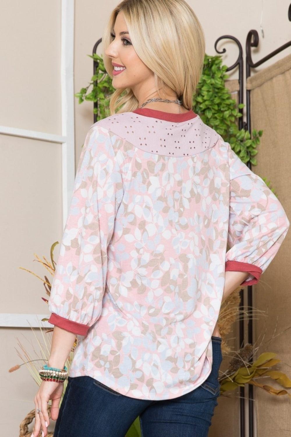 Celeste Full Size Leaf Print Contrast Trim Balloon Sleeve Top Carauana Store