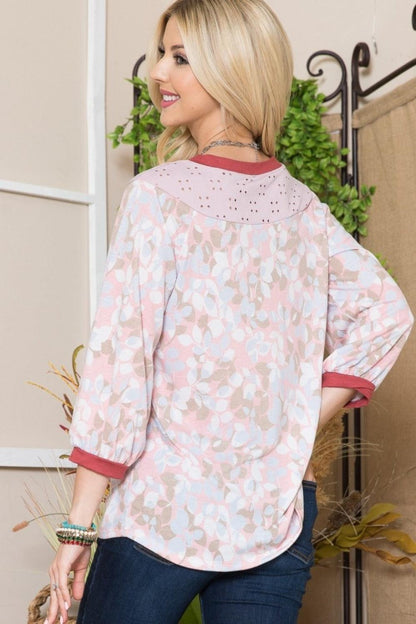 Celeste Full Size Leaf Print Contrast Trim Balloon Sleeve Top Carauana Store