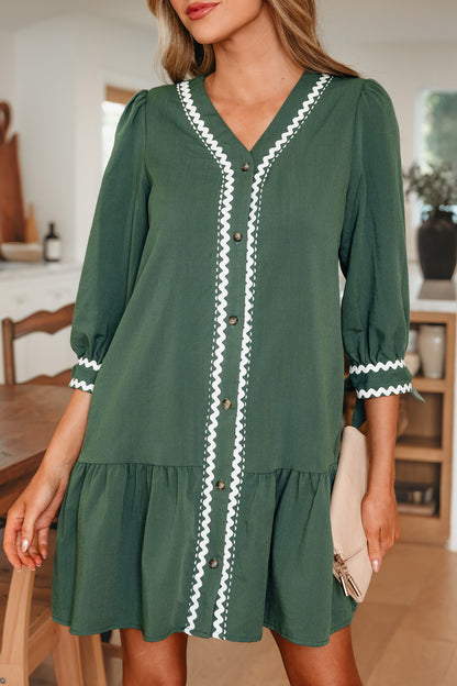 Robe Canton à col V, boutons et bordure en ricac contrastée, manches bracelet nouées