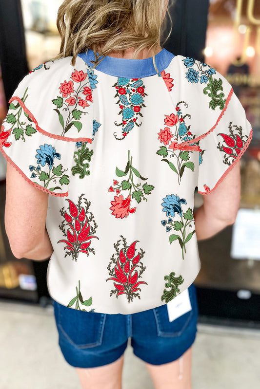 White Floral Print Contrast V Neck Tassel Tie Lace Detail Short Sleeve Blouse
