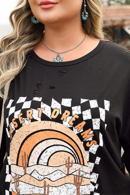 Black Checkerd DESERT DREAMS Printed Ripped Plus Size Tee
