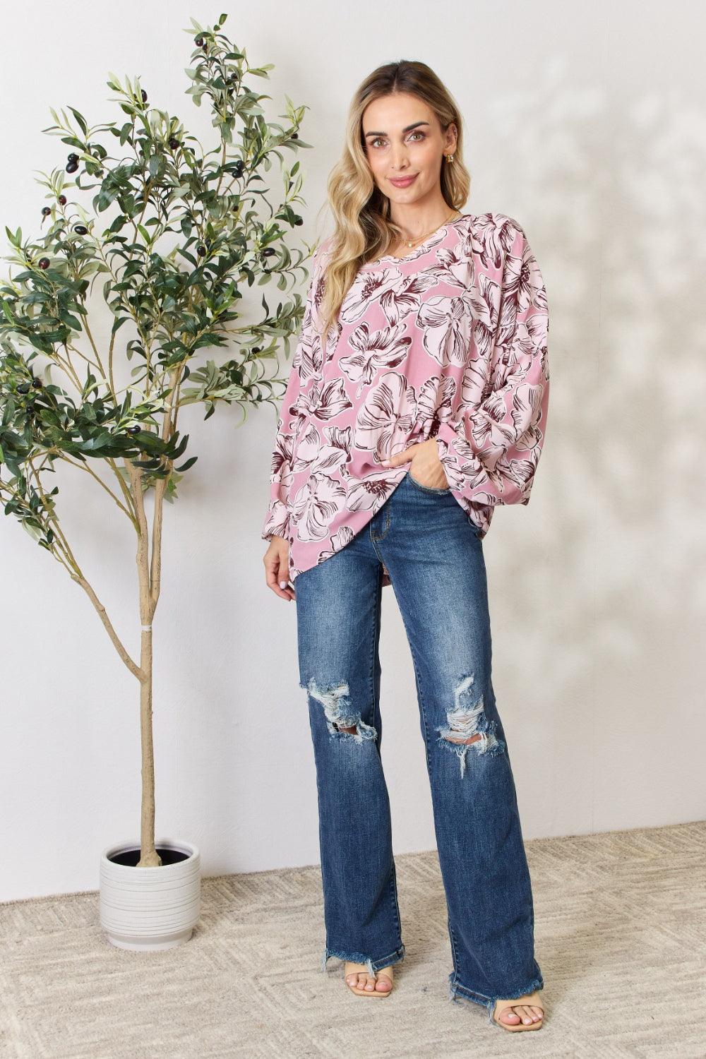 Heimish Full Size Floral V-Neck Balloon Sleeve Blouse Carauana Store