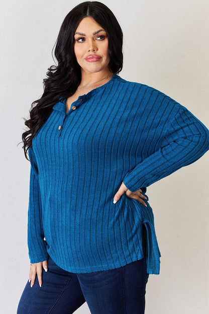 Basic Bae Full Size Ribbed Half Button Long Sleeve High-Low T-Shirt Carauana Store