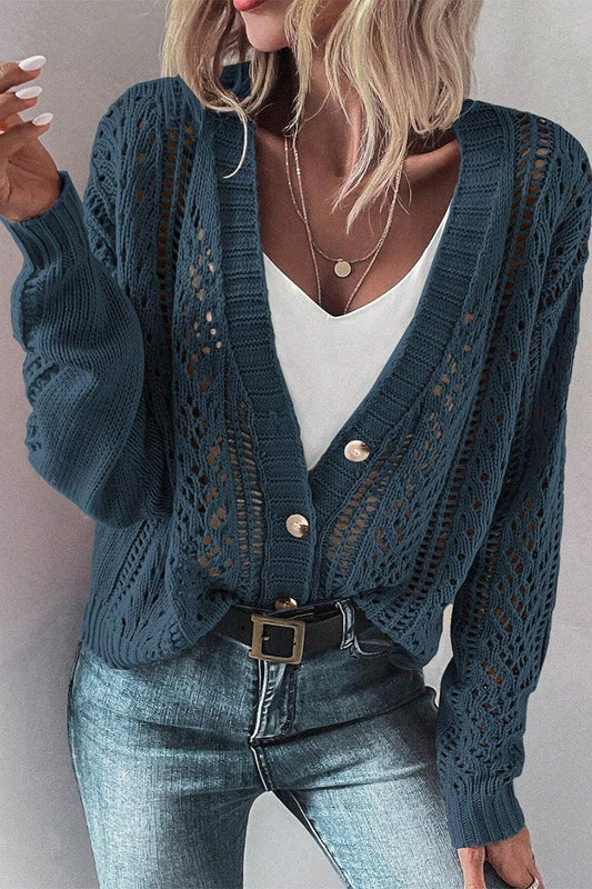 Openwork Button Up Long Sleeve Cardigan Carauana Store