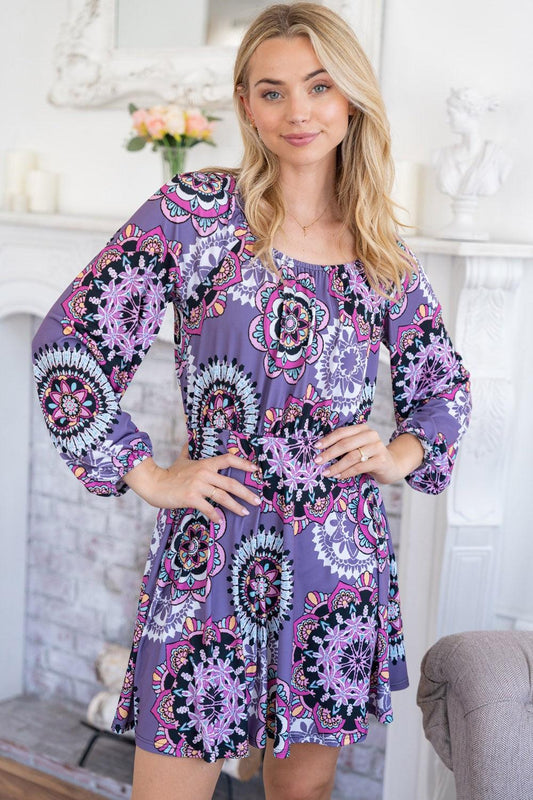 White Birch Printed Long Sleeve Mini Dress with Short Liner Carauana Store