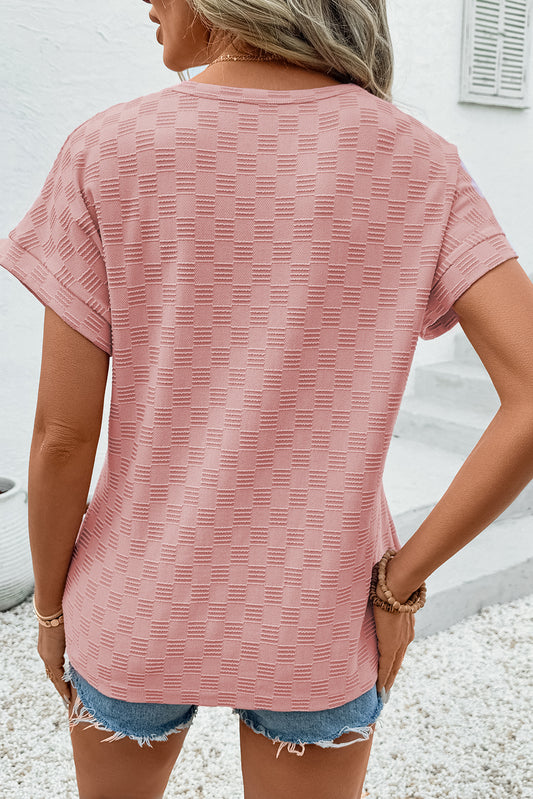 Apricot Pink Checkered Textured Round Neck T-shirt