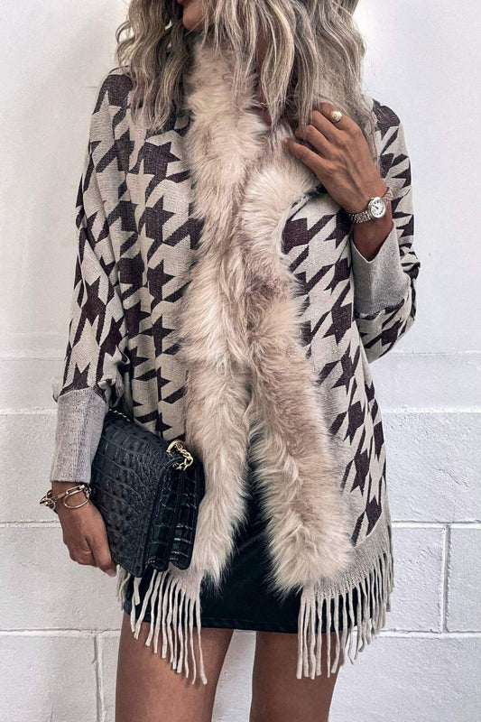 Houndstooth Fringe Hem Poncho Carauana Store