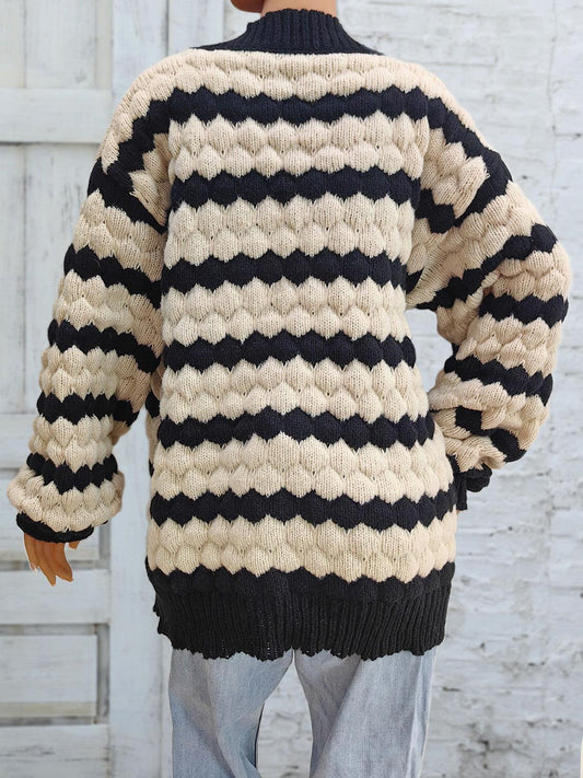 Striped Contrast Open Front Long Sleeve Cardigan Carauana Store