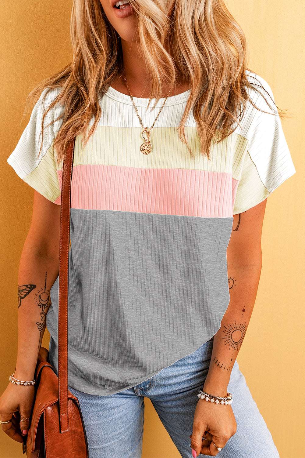 Gray Ribbed Color Block Patchwork T-shirt CaRaUaNa Fashion