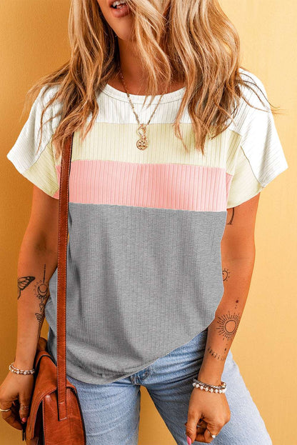 Gray Ribbed Color Block Patchwork T-shirt CaRaUaNa Fashion