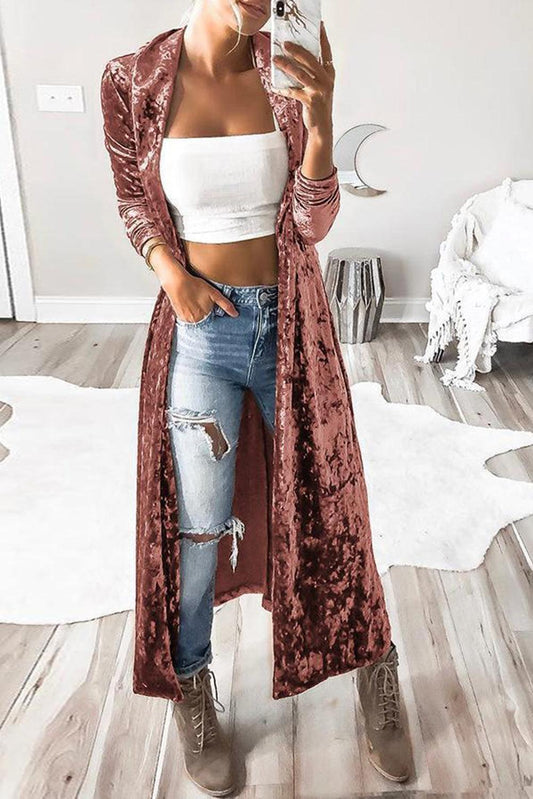 Open Front Long Sleeve Longline Velvet Cardigan Carauana Store