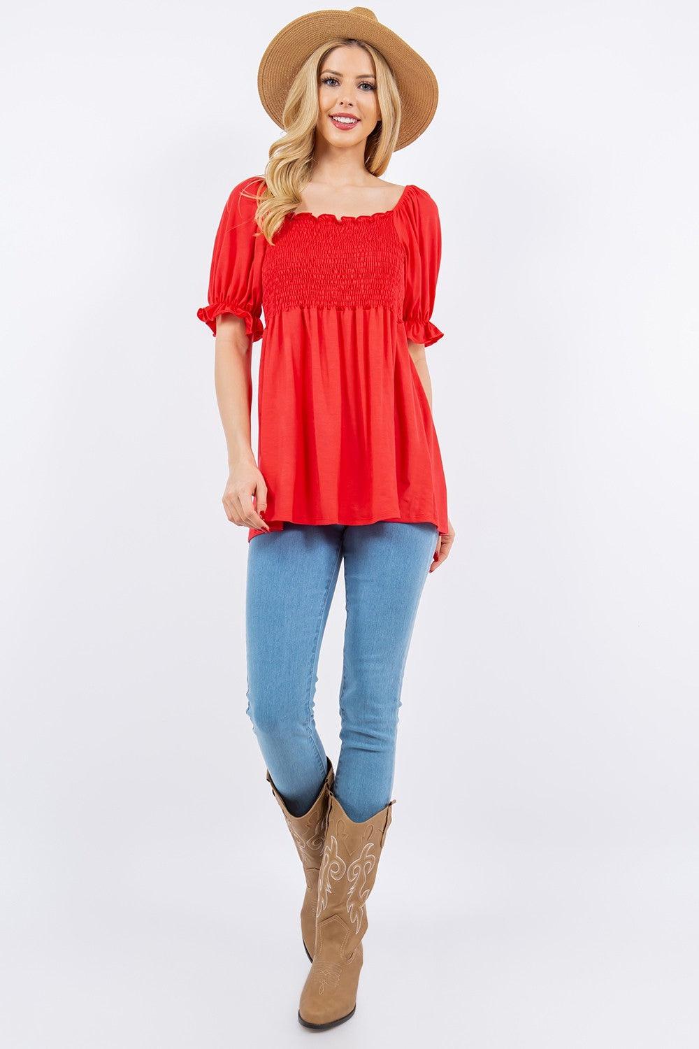 Celeste Full Size Ruffled Short Sleeve Smocked Blouse Carauana Store