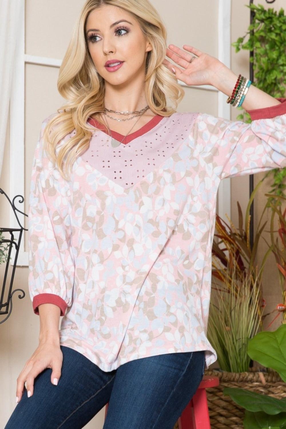 Celeste Full Size Leaf Print Contrast Trim Balloon Sleeve Top Carauana Store