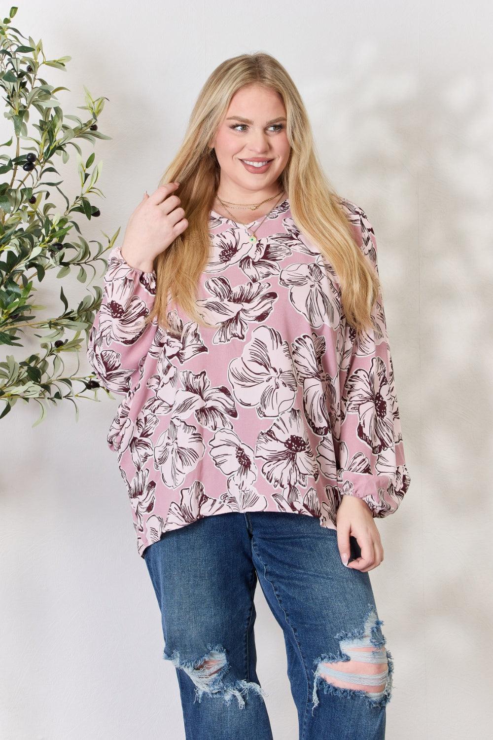 Heimish Full Size Floral V-Neck Balloon Sleeve Blouse Carauana Store