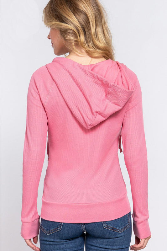 ACTIVE BASIC Waffle Knit Drawstring Zip Up Long Sleeve Hoodie Carauana Store