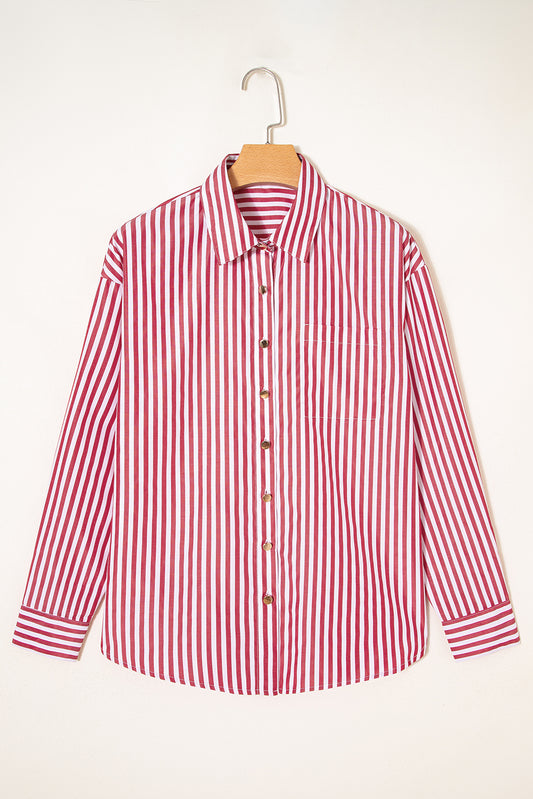 Red Stripe Patched Pocket Side Slit Loose Shirt