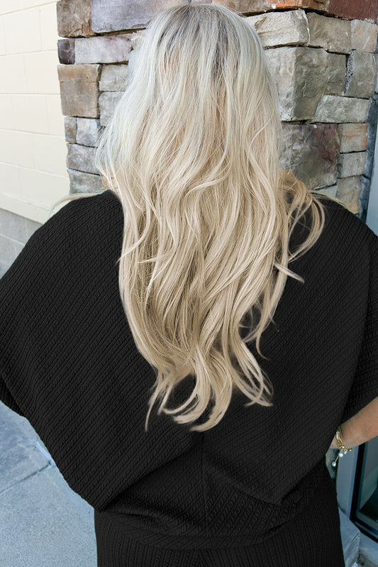 Black Textured Batwing Sleeve Tee Wide Leg Pants Plus Size Set