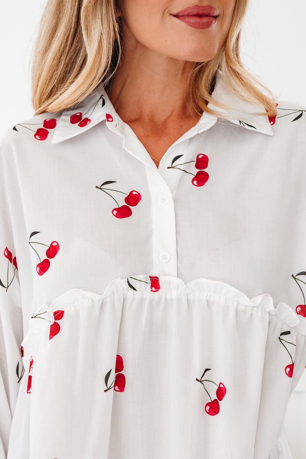 White Cherry Print Flounce Sleeve Collared Frilled Babydoll Blouse