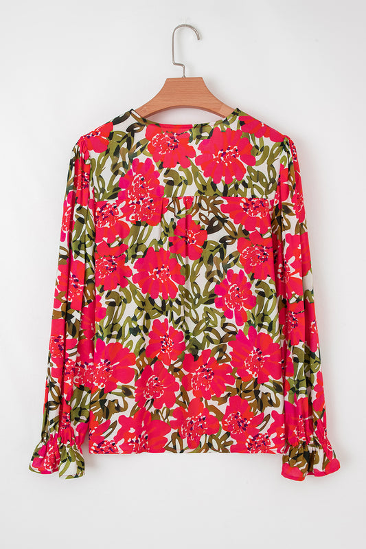 Red Floral Print Lace up V Neck Flounce Sleeve Blouse