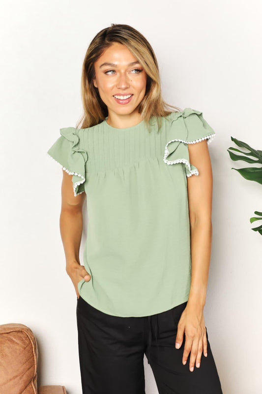 Perfee Pleated Detail Flutter Sleeve Blouse Carauana Store