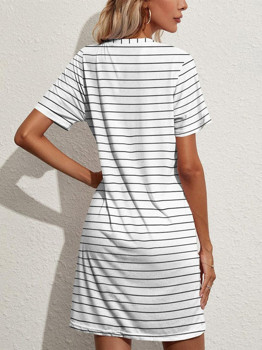 Pocketed Striped Round Neck Short Sleeve Dress Carauana Store