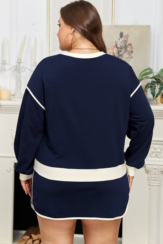 Navy Blue Plus Color Block Drop Shoulder Top and Lace-up Skirt Outfit
