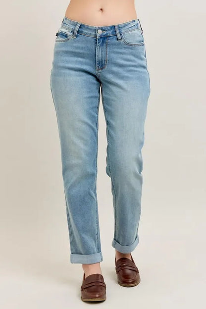 Judy Blue Full Size V-Front Cuff Boyfriend Jeans Plus Size