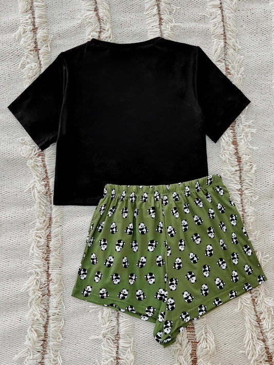 Graphic Tee and Panda Print Shorts Lounge Set Carauana Store