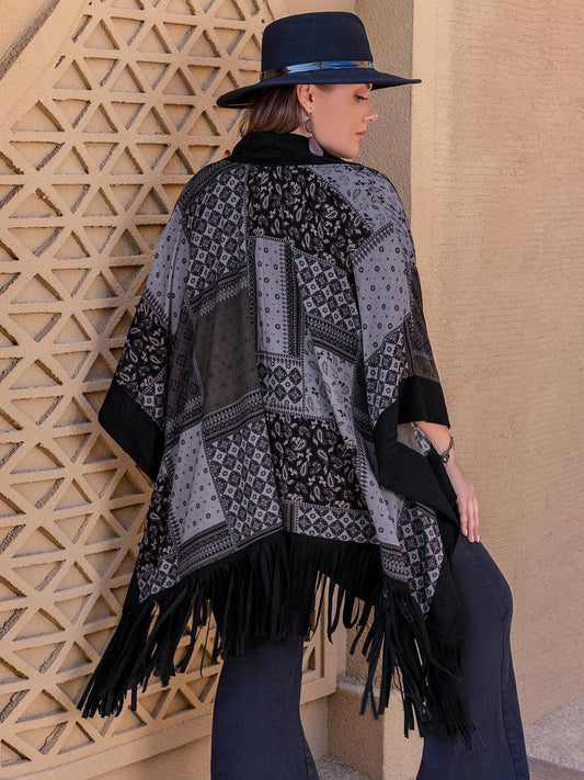 Plus Size Printed Fringe Open Front Outerwear Carauana Store