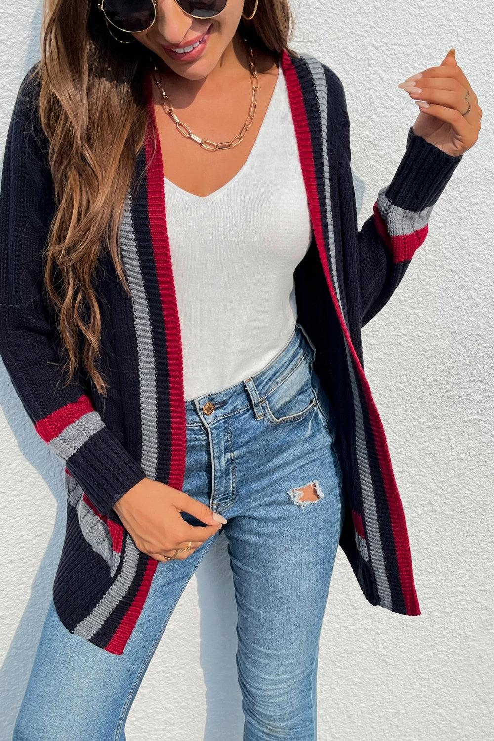 Open Front Striped Long Sleeve Cardigan Carauana Store