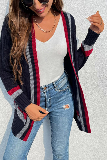 Open Front Striped Long Sleeve Cardigan Carauana Store