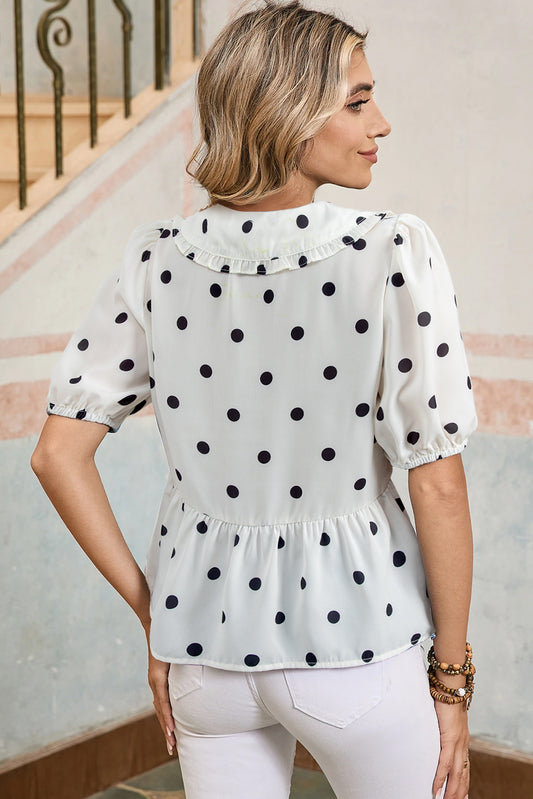 White Polka Dot Collared Lace up Font Puff Sleeve Peplum Top
