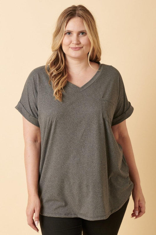 Mittoshop Full Size V-Neck Rolled Short Sleeve T-Shirt Carauana Store