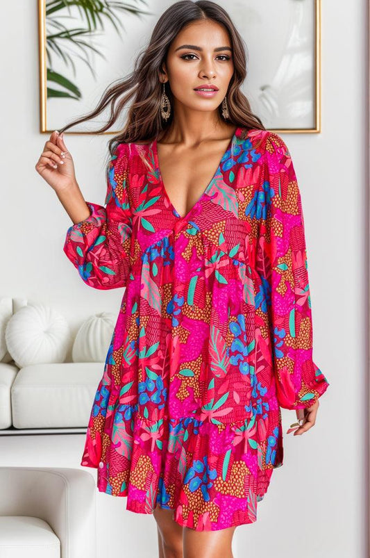 Printed Balloon Sleeve Mini Dress Carauana Store